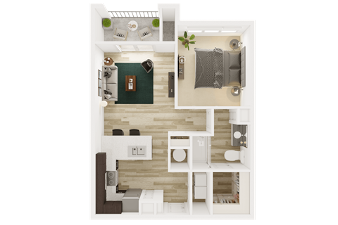 Floor plan for 1 bed, 1 bath, 689 sqft